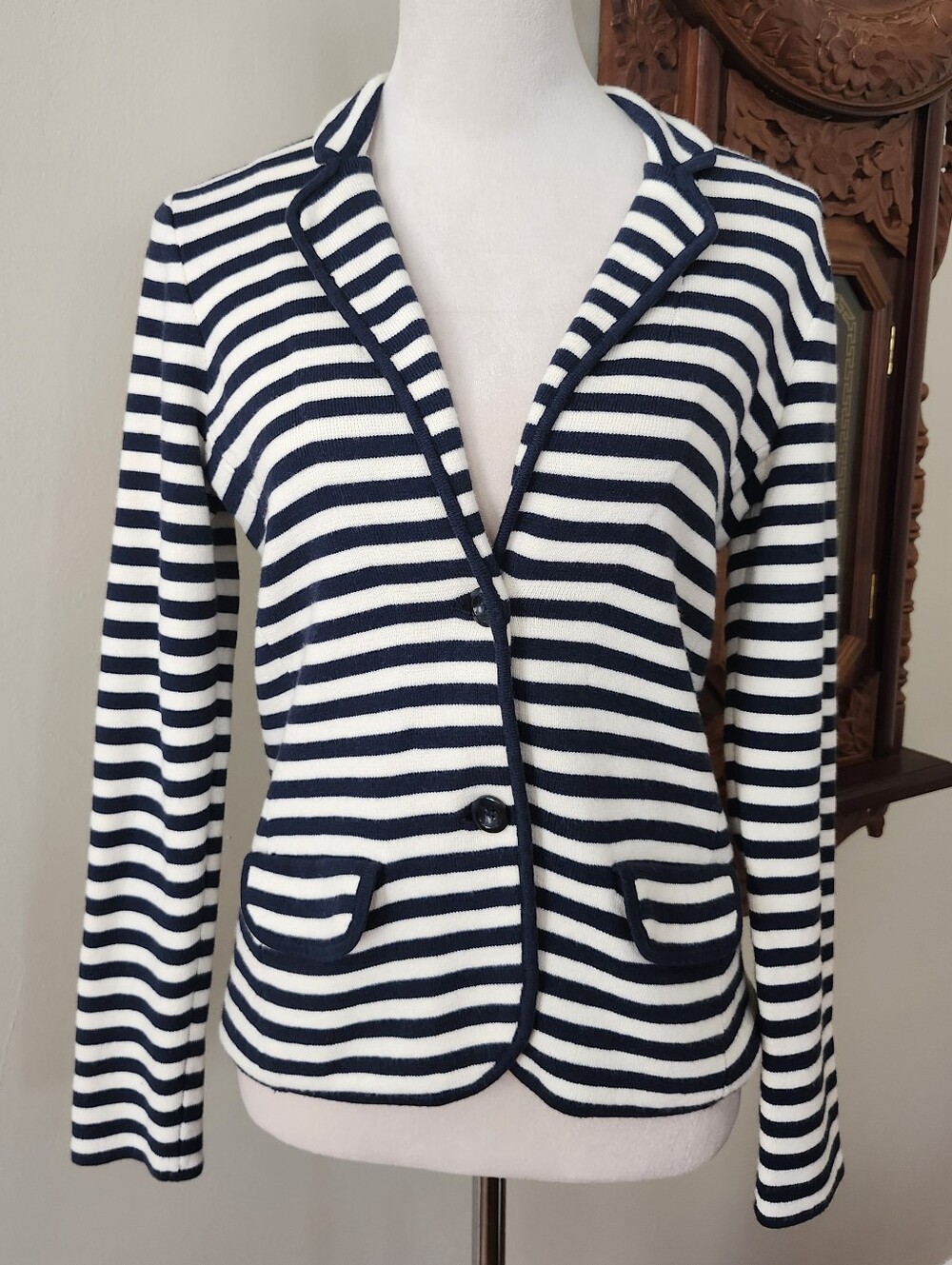 Ann Taylor Wool Mix Striped Navy & White Blazer Jacket, S